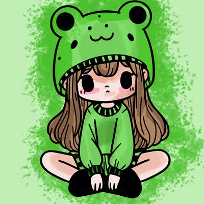 a girl wearing a frog hat and some frog socks