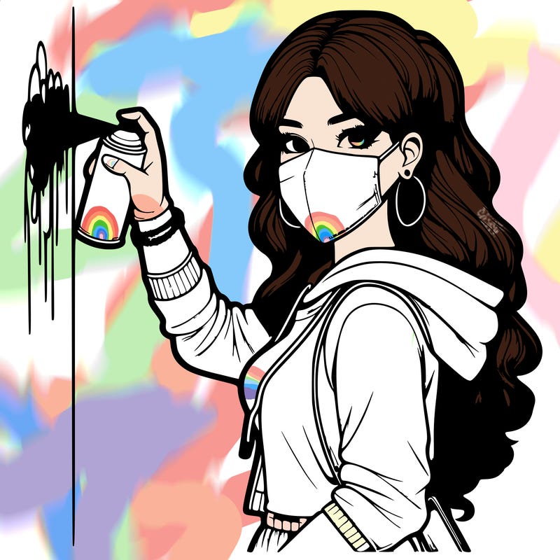 realistic girl with mask spray painting a wall