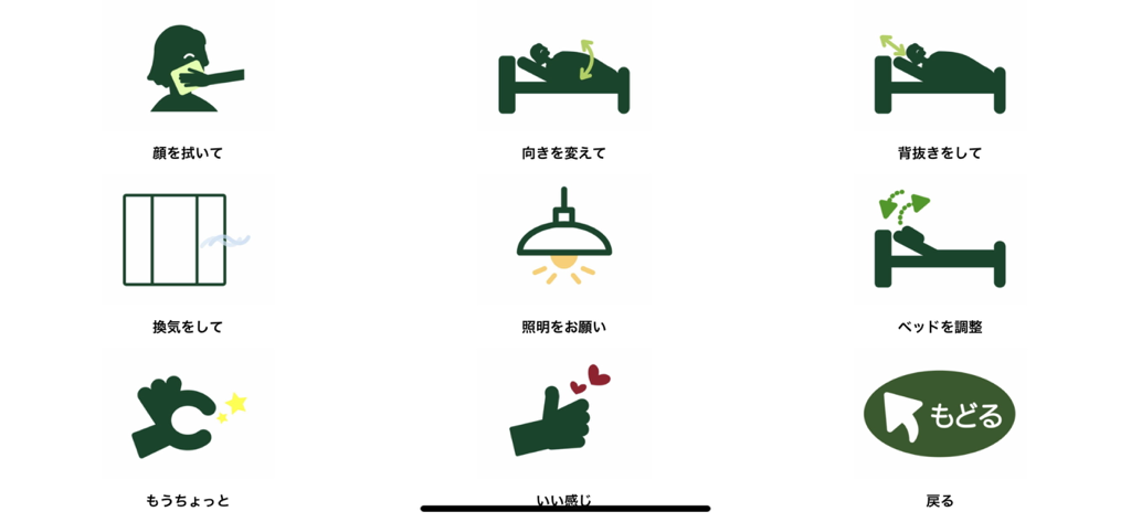 YM Player - A 3x3 grid of communication cards with simple green icons for daily requests and medical needs