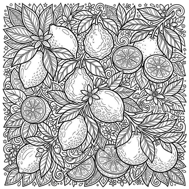Unleash your creativity with this intricately designed coloring page featuring a bountiful array of citrus fruits. Perfect for teens, this detailed illustration of lemons, oranges, and bergamots offers a refreshing and engaging artistic challenge.