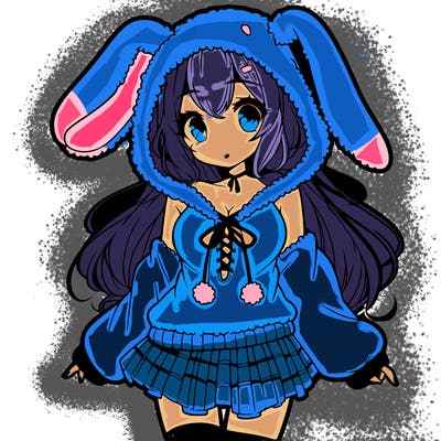 pretty anime girl wearing a fluffy hoodie with bunny ears on the hood and a skirt