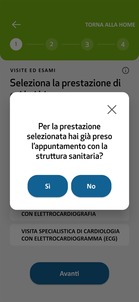 SiSalute Up - Interfaccia dell'app SiSalute Up che mostra un popup per confermare un appuntamento medico esistente durante la selezione del servizio.