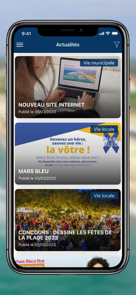 Ville de Biscarrosse - Schermata del feed di notizie dell'app mobile Ville de Biscarrosse che mostra aggiornamenti locali