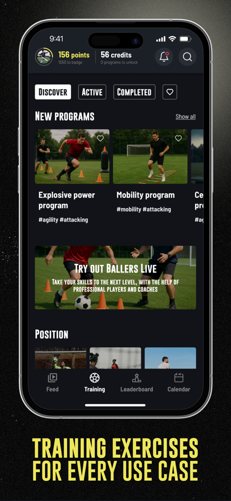 Ballers App dashboard showing professional soccer training programs and drills