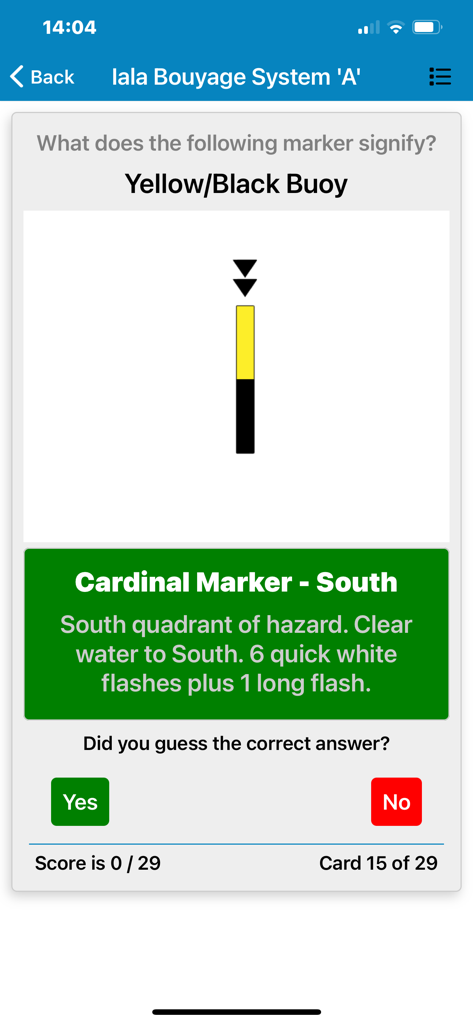 Marine Master Self Test - Una pantalla de cuestionario de la aplicación Marine Master Self Test identificando una Marca Cardinal Sur bajo el Sistema de Balizamiento IALA