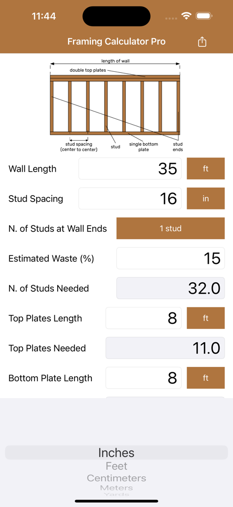 Interface of Framing Calculator Pro showing wall stud and plate estimation with imperial units