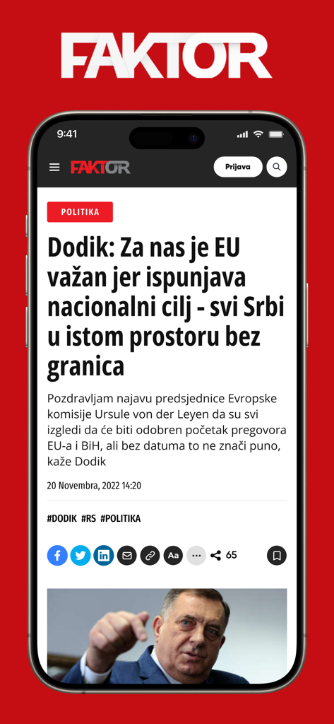 Interface de l'application d'actualités Faktor.ba affichant un article politique sur un écran d'iPhone