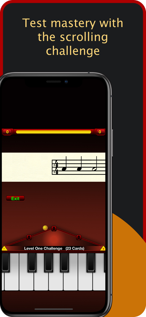 Rhythm Trainer by Rhythmicity - Rhythm Trainer app showing a scrolling rhythm challenge with a piano keyboard and musical staff