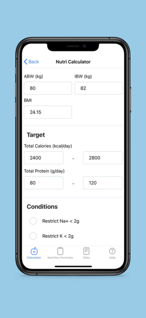 Nutri-Calculator app displaying body mass index and nutritional target calculations