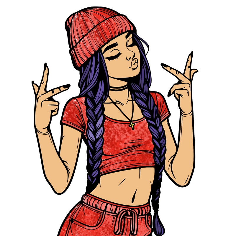realistic teenage girl with braids and a beanie and crop top doing 🫶🏼