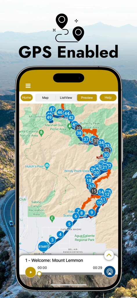 Mount Lemmon GPS Audio Tour - A smartphone displaying a GPS enabled map with numbered waypoints for the Mount Lemmon audio tour