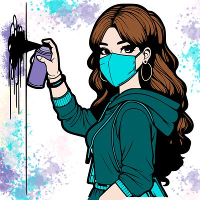 realistic girl with mask spray painting a wall