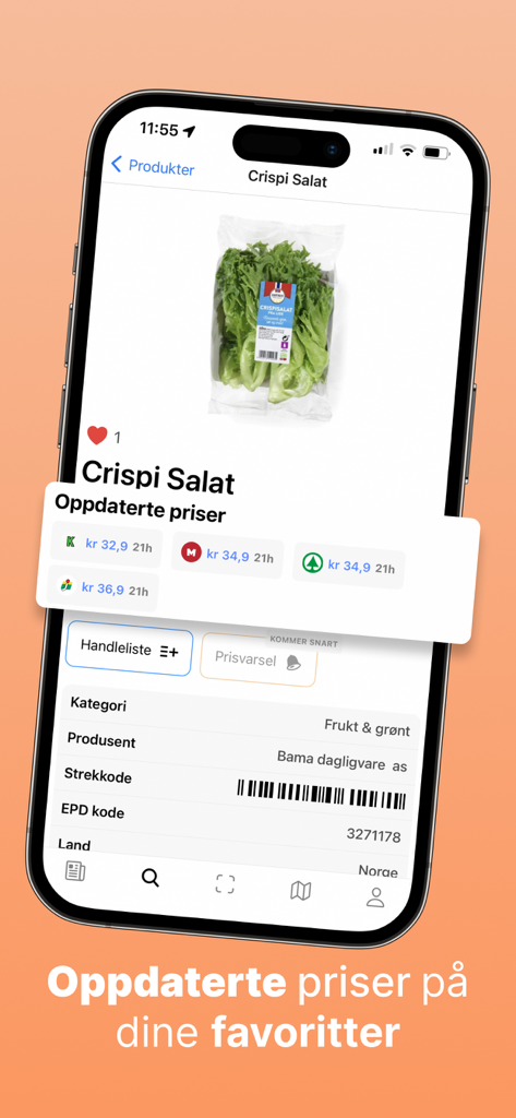 Una pantalla móvil de la aplicación Prisjegere comparando precios de Ensalada Crispi entre diferentes minoristas de comestibles.