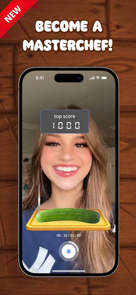 Funny Filter: Fruit Challenge - Una mujer jugando un desafío de cocina AR cortando un pepino en la aplicación Funny Filter