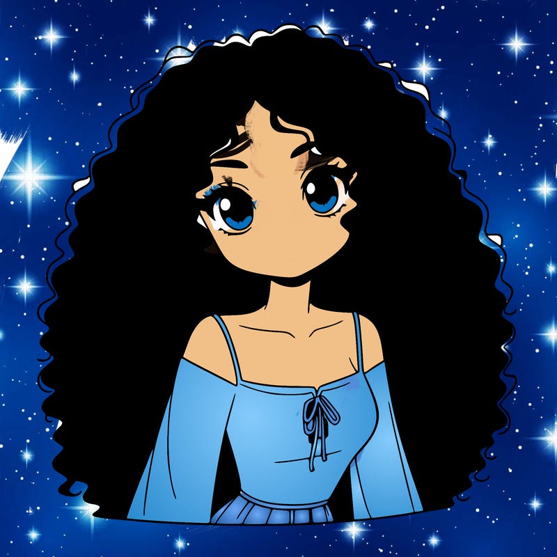 a black anime girl with long afro hair