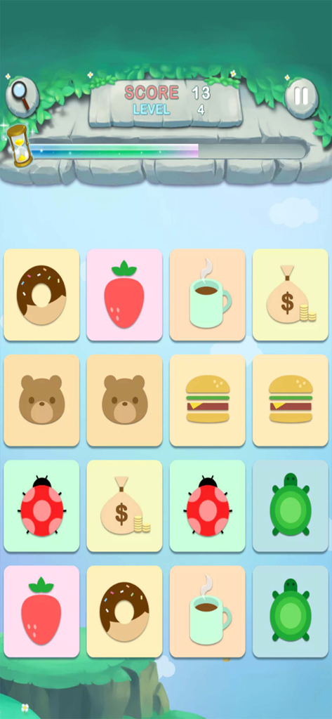 Matching King - Gameplay screen of Matching King puzzle game showing a grid of paired icons like bears and donuts