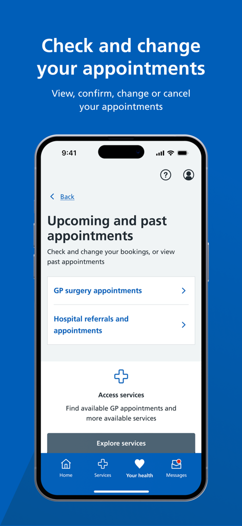 NHS App - Pantalla móvil de la aplicación NHS que muestra opciones para ver y gestionar citas con el médico de cabecera y el hospital