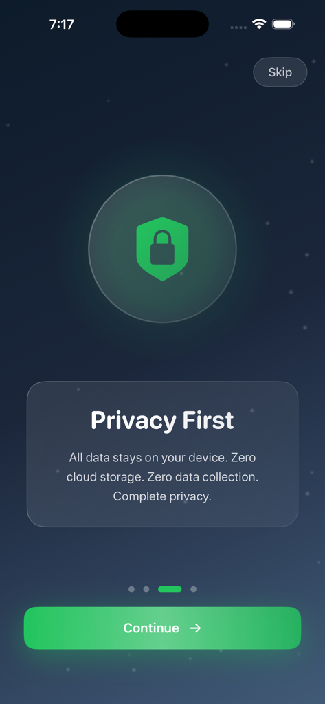 Snore Recorder Tracker - Snore Recorder Tracker privacy onboarding screen emphasizing local data storage and zero data collection