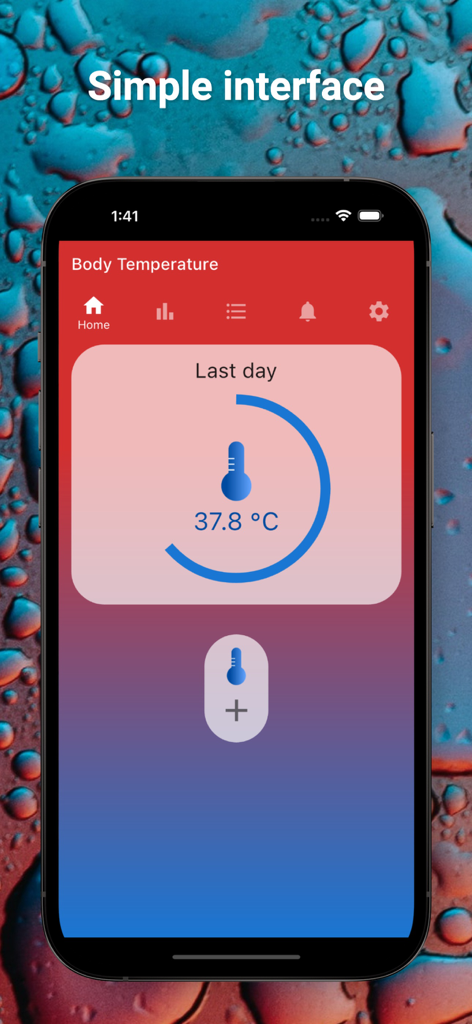 Body Temperature App interface showing the latest temperature reading of 37.8 degrees Celsius.
