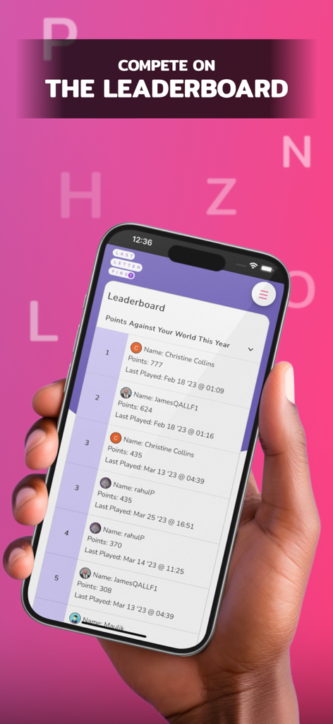 Last Letter First:  Word Game - Leaderboard screen in the Last Letter First word game showing top player scores and rankings