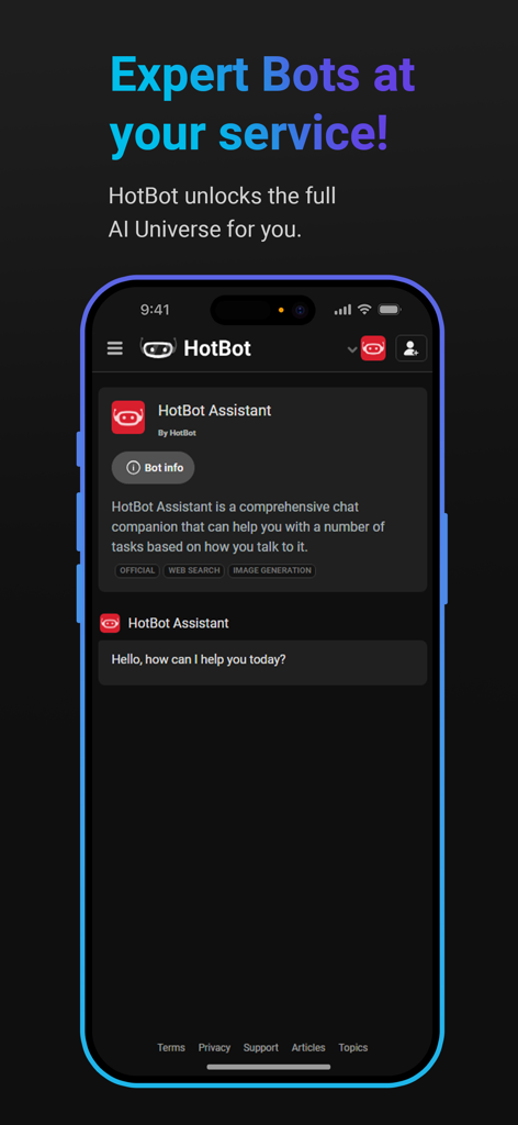 Ai Chat — HotBot - Interface of the HotBot AI app showing the chat assistant and expert bots feature