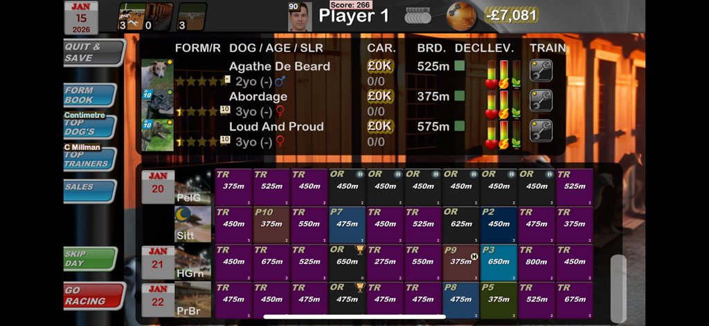 Greyhound Manager Touch - In game management dashboard showing racing greyhound stats and a detailed race schedule