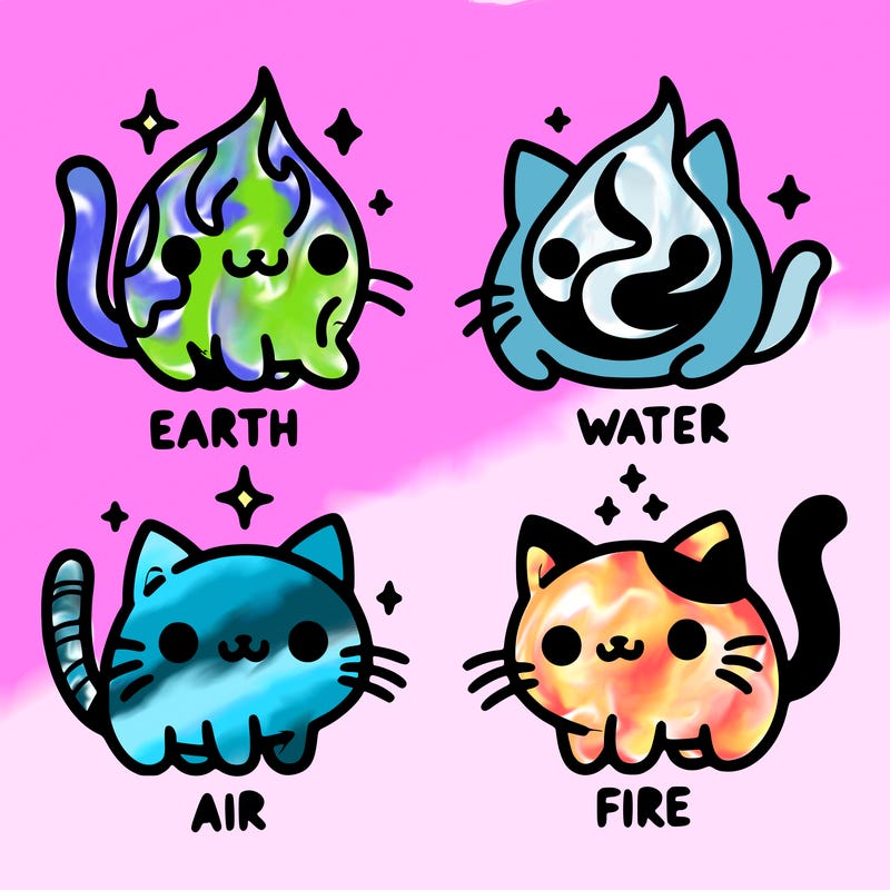 4 cats that represent the different elements, earth, water, air, and fire