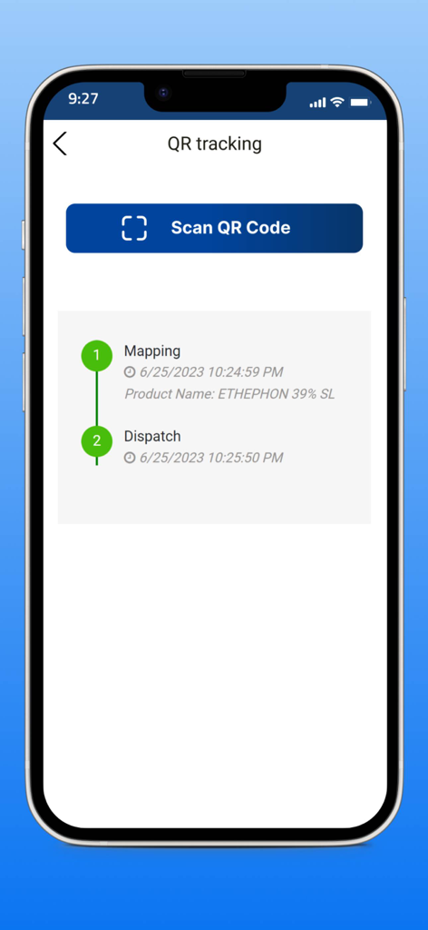 JK Disha - Interfaz de seguimiento de códigos QR de la aplicación JK Disha que muestra el mapeo del producto y el estado de envío con un botón de escaneo