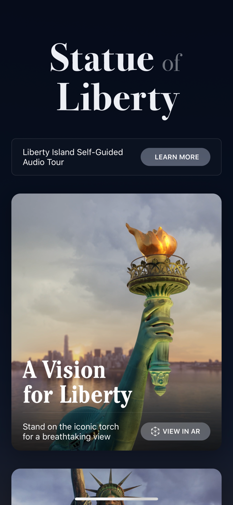 Statue of Liberty - Home screen of the Statue of Liberty app featuring an AR view of the torch with the New York City skyline