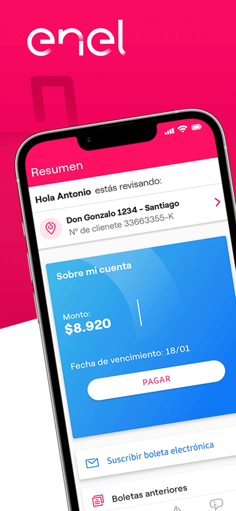 Enel Clientes Chile app dashboard showing electricity bill balance and payment button