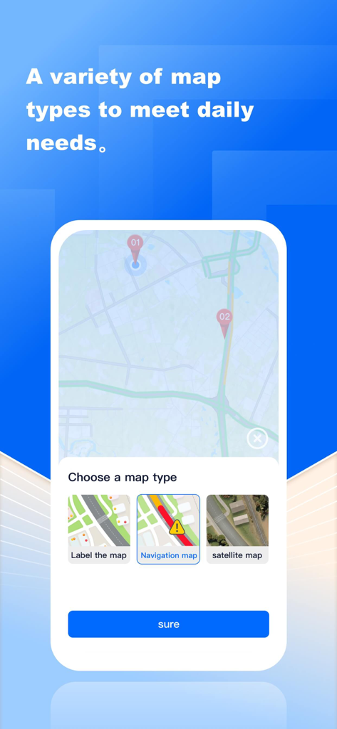 GPS Coordinates-Tools - Interface of the GPS Coordinates app showing options to choose between label, navigation, and satellite map types.