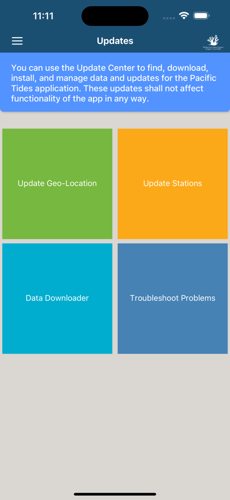 Pantalla de actualización de la aplicación Pacific Tides con opciones para geolocalización y datos de estaciones
