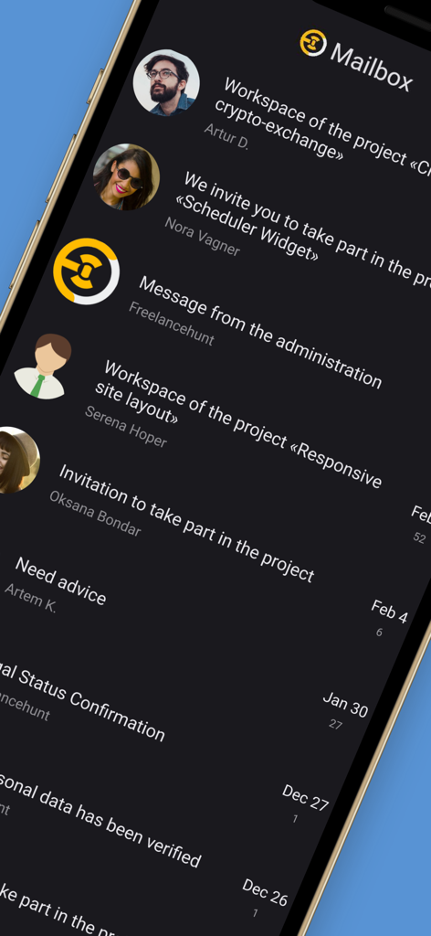 Freelancehunt Messenger mailbox screen showing project invitations and workspace notifications on an iPhone