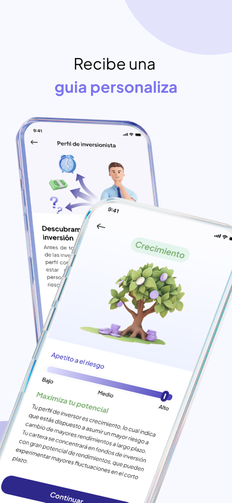 Arka - Interface do aplicativo Arka mostrando o questionário de perfil do investidor e uma estratégia de investimento de crescimento personalizada com base no apetite ao risco