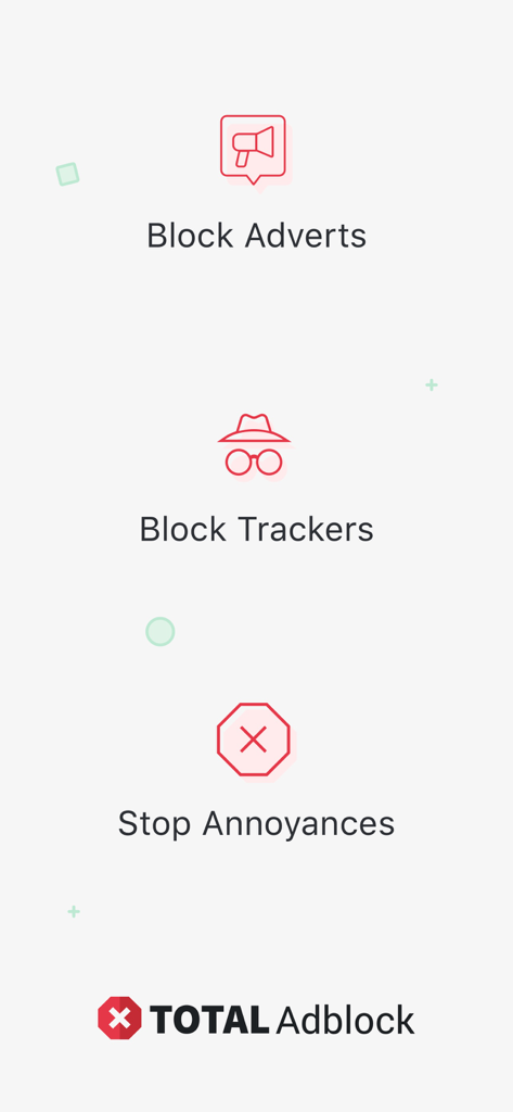 Interface de Total Adblock montrant ses principales fonctionnalités : Bloquer les publicités, Bloquer les traqueurs et Arrêter les désagréments.