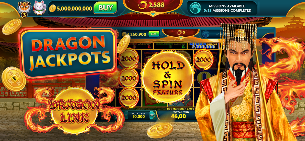 Mighty Fu Casino: Slots Game - Interfaz de la máquina tragamonedas Dragon Jackpots con un personaje de emperador asiático en Mighty Fu Casino