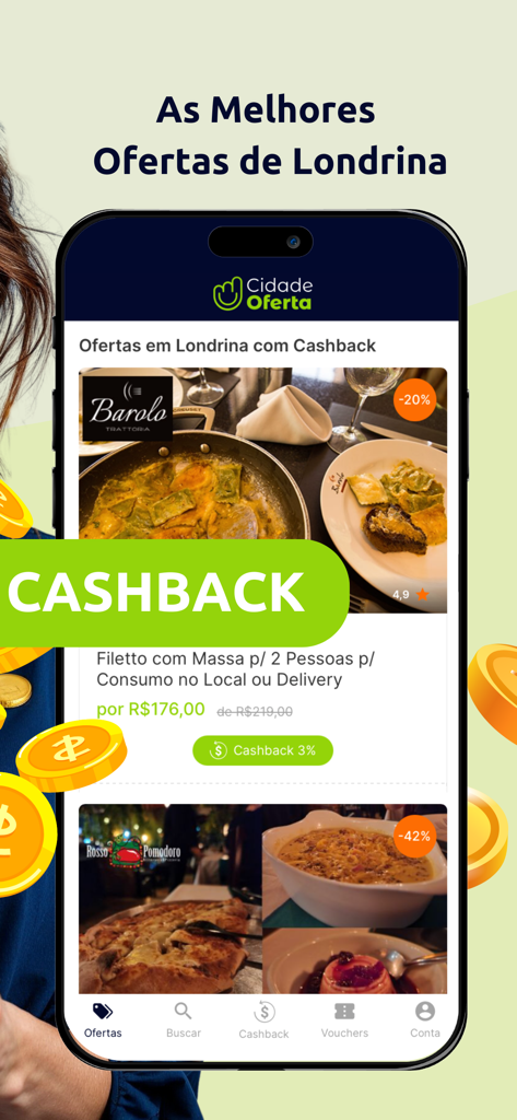 Écran de smartphone montrant l'interface de l'application Cidade Oferta avec des offres de restaurants locaux et des promotions de cashback