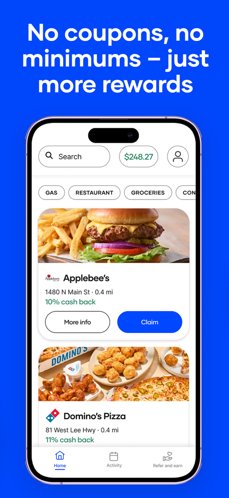 Interfaz de la aplicación Upside que muestra ofertas de reembolso en restaurantes para Applebee's y Domino's Pizza
