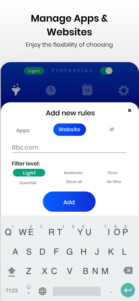 Parental Control Netspark - Interface of the Netspark app showing how to add a new website filtering rule with different protection levels