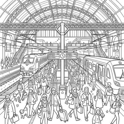 Immerse yourself in the dynamic world of travel with this intricately detailed train station coloring page. Featuring bustling crowds, trains, and grand architecture, it offers an exciting canvas for your creativity.