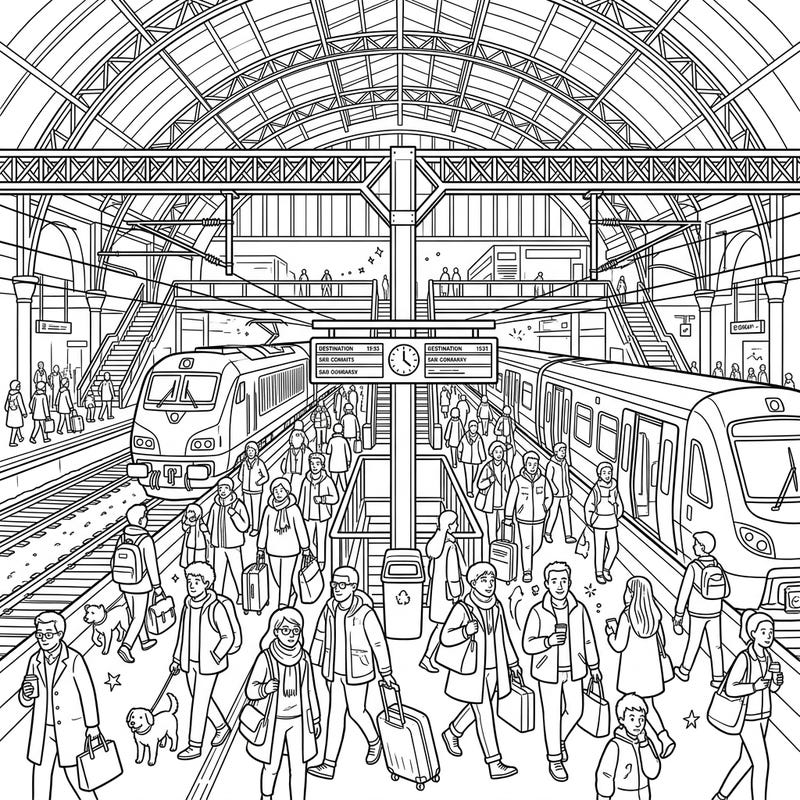 Immerse yourself in the dynamic world of travel with this intricately detailed train station coloring page. Featuring bustling crowds, trains, and grand architecture, it offers an exciting canvas for your creativity.