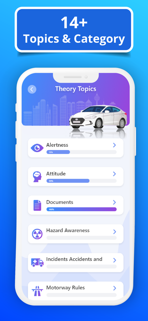 Driving Theory Test Kit 2026 ! - Smartphone screen showing a list of UK driving theory topics with study progress bars