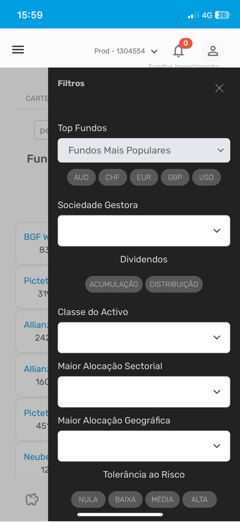 Investment fund filter menu in the Banco Invest Homebanking app showing categories like asset class, risk tolerance, and dividends.