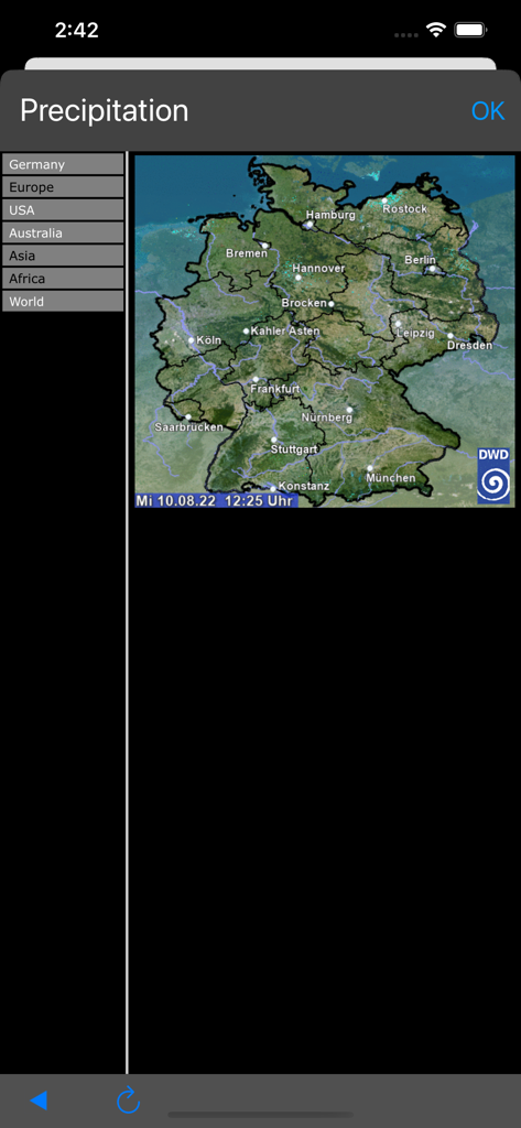 Precipitation map of Germany in the Barometer antique weather app