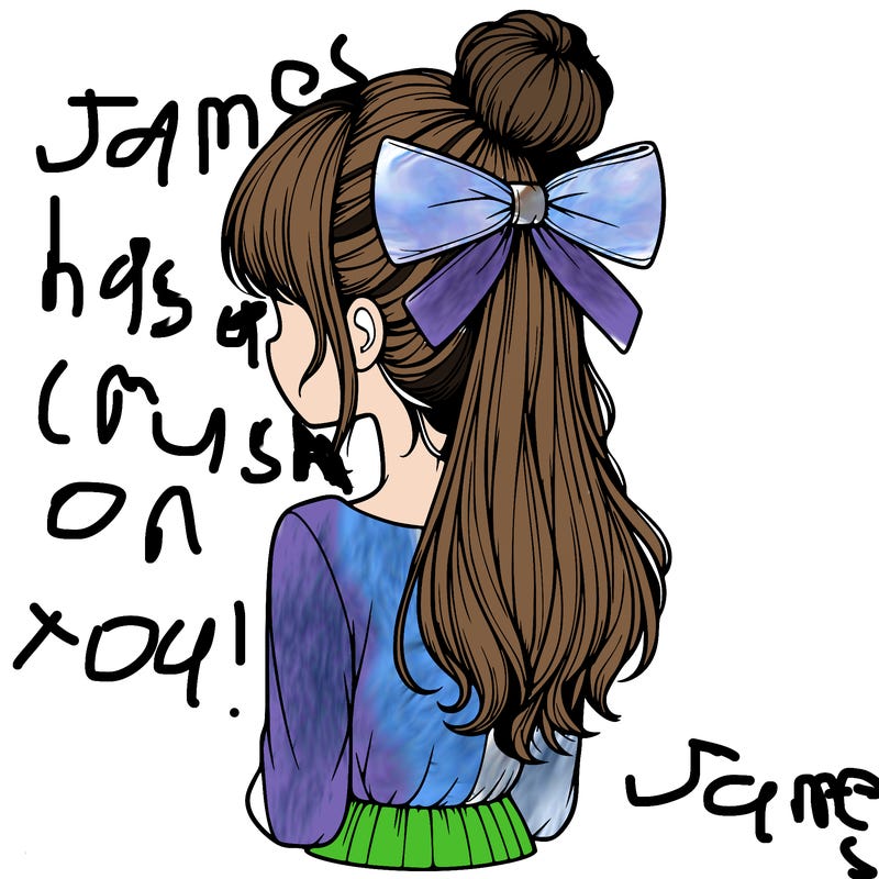 realistic girl  with hip length hair a bun and a big bow on the back of head