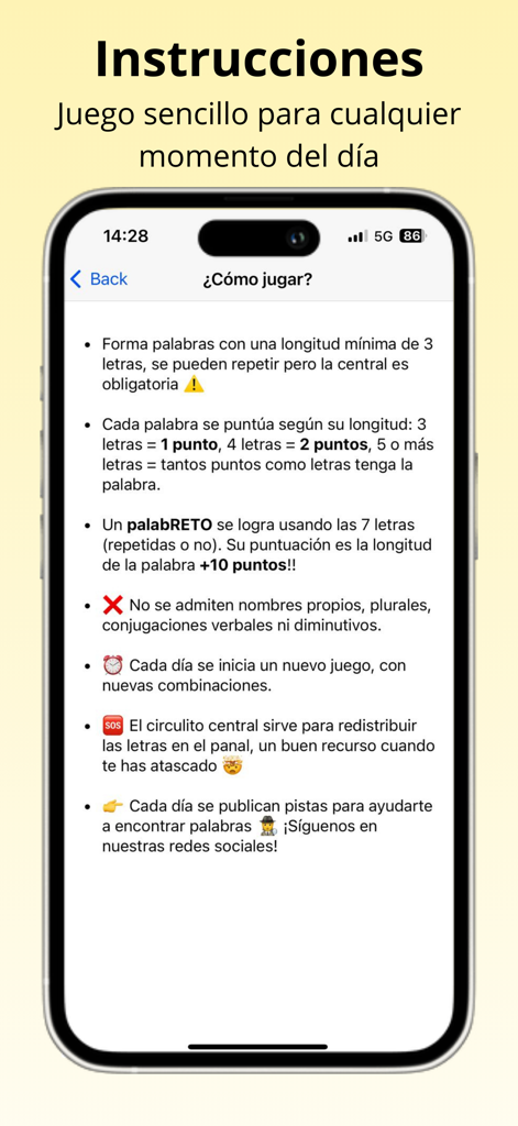 PalabReto - Puzle de palabras - Screenshot dell'app PalabReto che mostra le istruzioni e le regole su come giocare in spagnolo