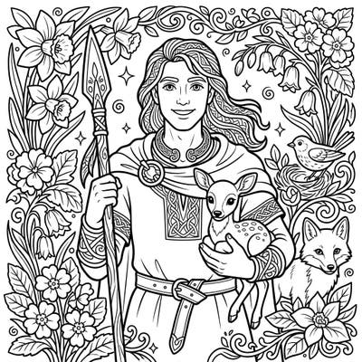 Embark on a mythical journey with this captivating Fionn mac Cumhaill coloring page, celebrating the legendary Irish warrior amidst the rejuvenating beauty of spring. Discover a world of blossoming flowers and charming woodland creatures as you bring this iconic figure to life with your colors.
