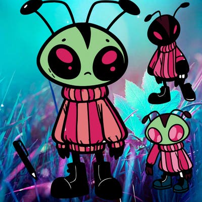 an irken empire with a light pink sweater with black strips and black pants and black boots and black antennae with cute alien eyes