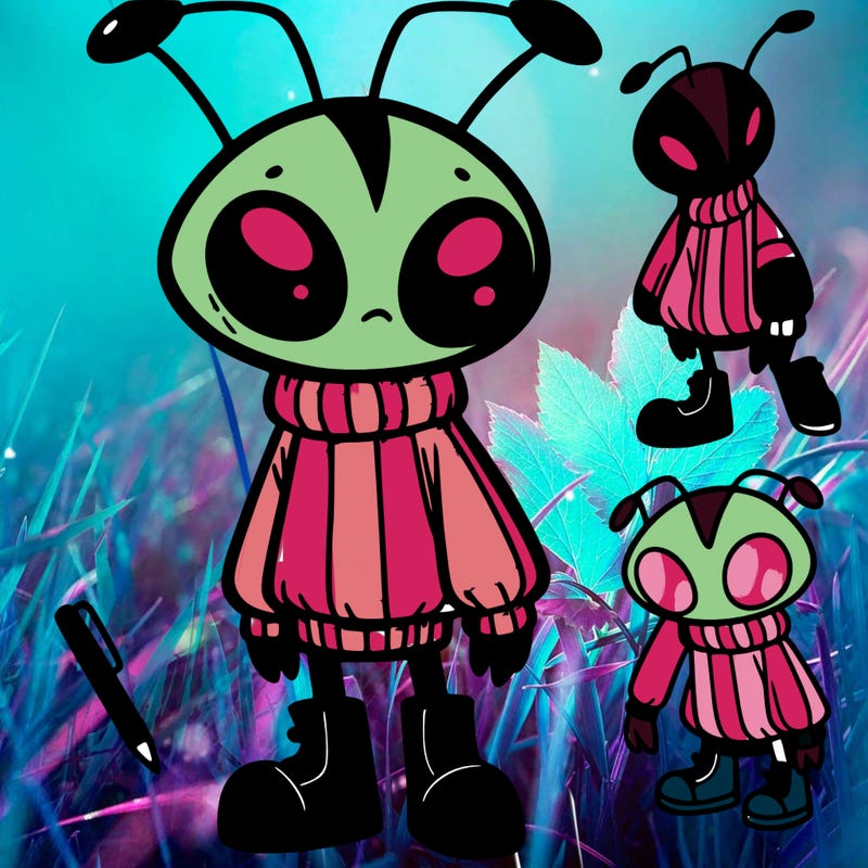 an irken empire with a light pink sweater with black strips and black pants and black boots and black antennae with cute alien eyes