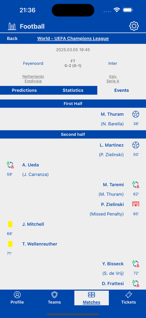 Football Stats Lite - Mobile app interface displaying a real-time timeline of soccer match events including goals substitutions and cards for a Champions League game